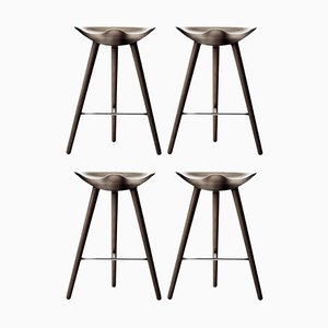 Brown Oak and Stainless Steel Counter Stools by Lassen, Set of 4