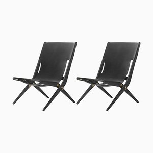 Black Stained Oak and Black Leather Saxe Chairs by Lassen, Set of 2