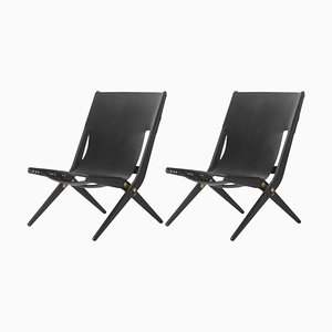 Set of Black Stained Oak and Black Leather Saxe Chairs by Lassen