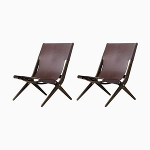 Set of Brown Stained Oak and Brown Leather Saxe Chairs by Lassen