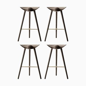 Braune Barhocker aus Eiche & Messing by Lassen, 4 . Set
