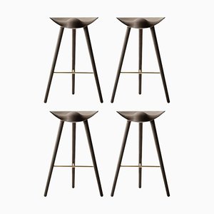 Brown Oak and Brass Bar Stools by Lassen, Set of 4