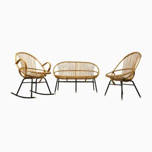 Set da salotto in vimini e metallo con divano, sedia e sedia a dondolo di Rohé Noordwolde, anni '60, set di 3