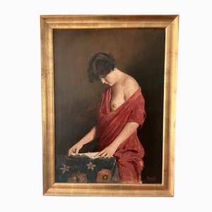 Retrato de mujer semidesnuda, década de 1890, óleo sobre lienzo, enmarcado