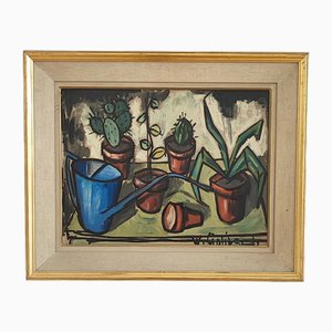 William Goliasch, Still Life with Watering Can and Cacti, 1960s, Oil and Gouache on Wood, Framed