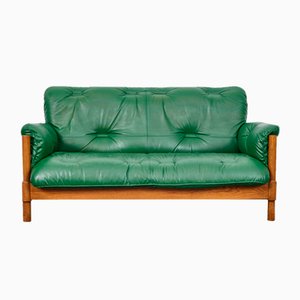 Mid-Century Green Leather & Oak 2-Seater Sofa in the style of Jean Gillon, Germany, 1970s