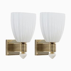 Wall Lamps in White Murano Glass, Blown Glass with Golden Decorations, Italy, 1990s, Set of 2