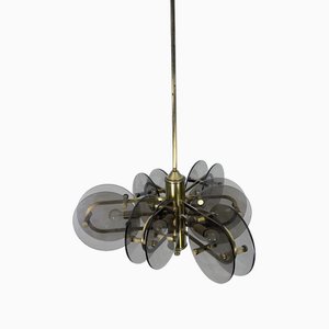 Postmodern Brass and Thick Glass Chandelier by Gino Paroldo, Italy, 1970s