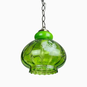 Mid-Century French Country Style Emerald Green Glass Hanging Lamp, 1970s