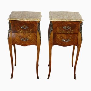 Louis XV French Marquetry Marble Nightstands, Set of 2
