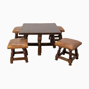 Spanish Alder Coffee Table with Alder and Leather Stools, 1960s, Set of 5
