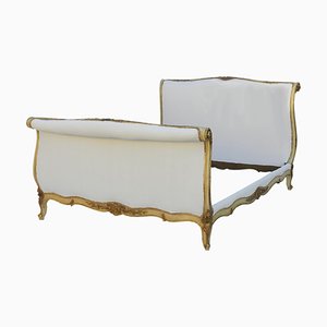 Solid Wood Bed with Gilt Roll Top, 1890s