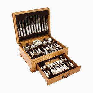 English Silver Plated Canteen Cutlery Set for 12 with Case, 1980s, Set of 142