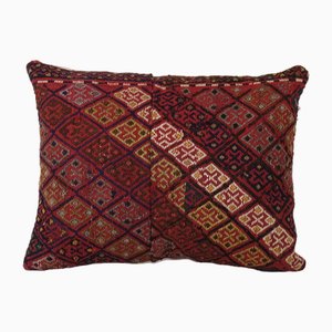 Long Turkish Red Wool Lumbar Cicim Jajim Cushion Cover