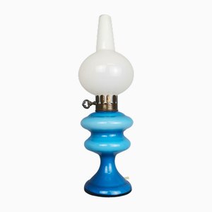 Portuguese Blue Opaline Glass Table Lamp in style of Paraffin Oil Lamp, 1970s