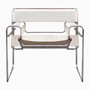 Chaise B3 Wassily Vintage en Cuir Blanc par Marcel Breuer pour Gavina, 1969