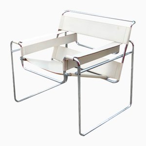 Silla B3 Wassily vintage de cuero blanco de Marcel Breuer para Gavina, 1969