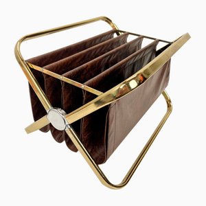 Italian Brass and Leatherette Magazine Holder from Castelli, 1960s