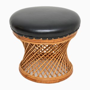 Vintage Wicker Stool in Leather and Bamboo, 1970s