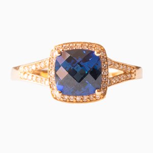Modern 10k Yellow Gold with Synthetic Sapphire and Diamonds Ring