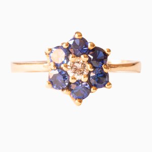 Vintage Margherita Ring aus 14 Karat Gelbgold mit synthetischen Saphiren und Diamant im Brillantschliff, 1990er