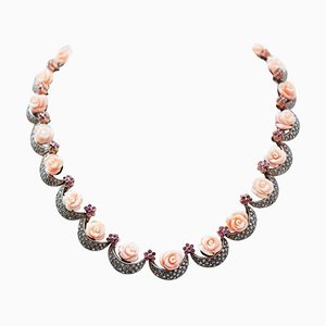 Collar Retrò de corales rosados, rubíes, diamantes, oro rosa y plata, años 50