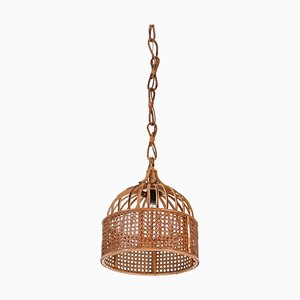 French Riviera Round Pendant in Rattan and Wicker, Italy, 1970s