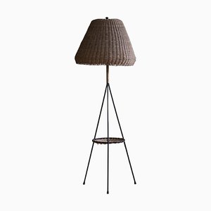 French Modern Floor Lamp in Rattan and Steel, 1950s