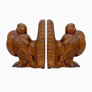 Art Deco Tauben Buchstützen aus handgeschnitztem Holz, 1930er, 2er Set