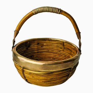 Rattan and Brass Basket, Italy, 1970s