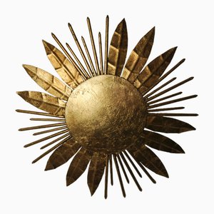 Brutalist Floral Sun Sconce in Gilded Metal with Gold Leaf, Italy, 1970