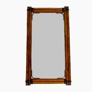 Large Mid-Century Modern Bamboo Wall Mirror with Leather Straps, Italy, 1950s
