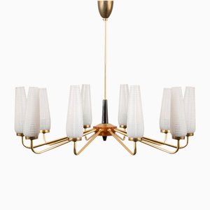 Mid-Century French Brass Chandelier with Handmade Opaline Glass Shades in the style of Arlus, 1960s