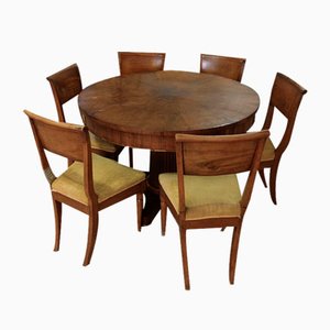 Round Walnut Table with Column Base with Six Chairs, Set of 7