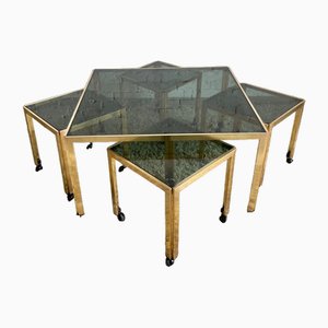 Living Room Tables in Brass and Green Glass, Italy, 1970s, Set of 5