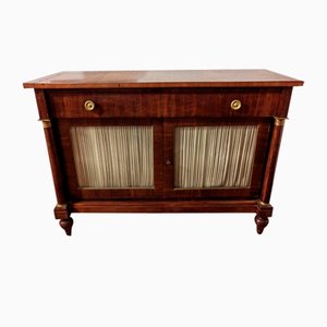 Empire Sideboard in Mahogany with Brass Inserts, Doors with Glass and Curtains