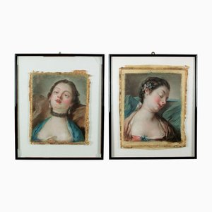 Pietro Antonio Rotari, Blue-Eyed Brunette & Young Sleeping Girl, Dessins Pastel sur Papier, Encadré, Set de 2