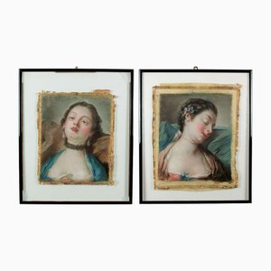 Pietro Antonio Rotari, Blue-Eyed Brunette & Young Sleeping Girl, Pastel Drawings on Paper, Framed, Set of 2