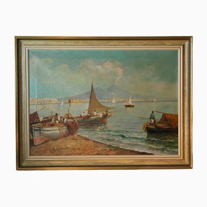 Scognamiglio, Escena del puerto a la vista del Vesubio, década de 1890, óleo sobre lienzo, Enmarcado