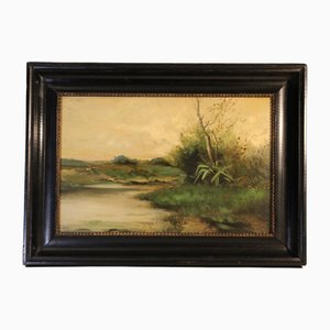 Französische impressionistische Flusslandschaft, 1800er, Öl & Holz, Gerahmt