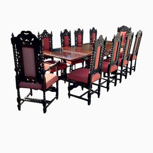 Oak Extending Plank Top Refectory Dining Table & Chairs, Set of 11