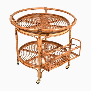 Mid-Century Rattan and Bamboo Round Serving Bar Cart, Italy 1960s