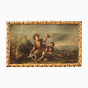 Peinture Paysage avec Enfants, Italie, Années 1730, Huile sur Toile