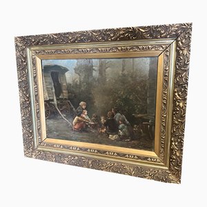 J Pierre, Familia al borde del fuego, década de 1800, óleo sobre lienzo