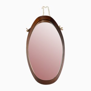 Large Oval Teak Wall Mirror with Thick Nylon Rope, Italy, 1960s