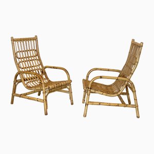 Armchairs in Rush and Bamboo, 1970s, Set of 2