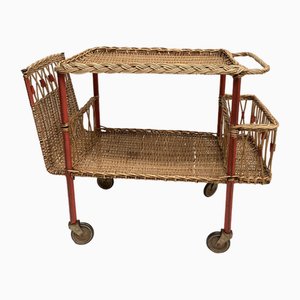 Chariot de Bar en Rotin et Cuir par Jacques Adnet, 1950s