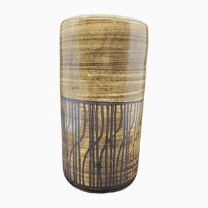 Vase Cylindrique en Céramique à Vernis Brun et Décor Géométrique Foncé par Dominique Pouchain