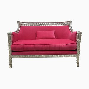 Classic Pink Velvet Sofa with Handcrafted Silver Lacquered Wood Frame