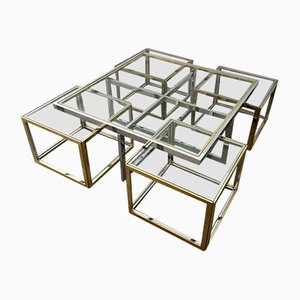 Chrome & Glass Coffee Table & Nesting Tables from Maison Charles, 1970s, Set of 5